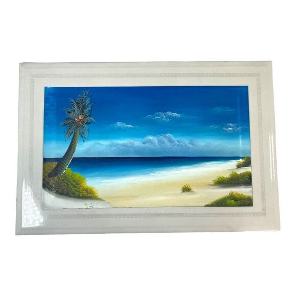 Hand Painted Tile Art Cancun Mexico Beach Scene w/ Display Stand Nautical Decor - Picture 2 of 11